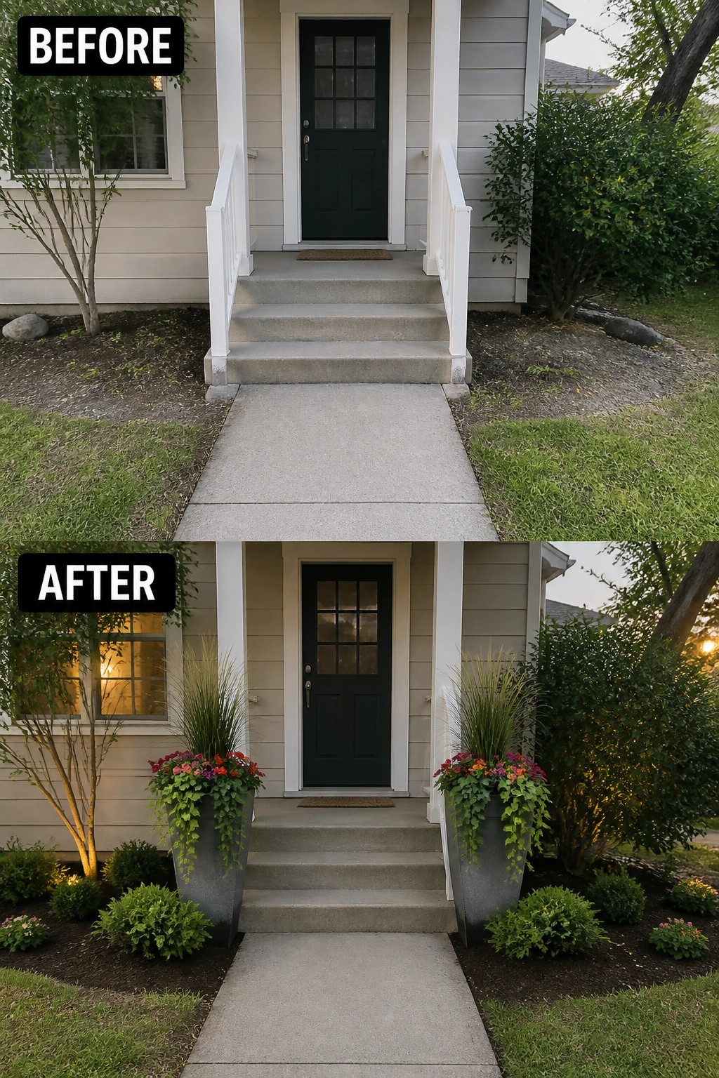Before-and-after image of a house front entry updated with two large planters containing flowers and tall grasses placed on either side of the steps.
