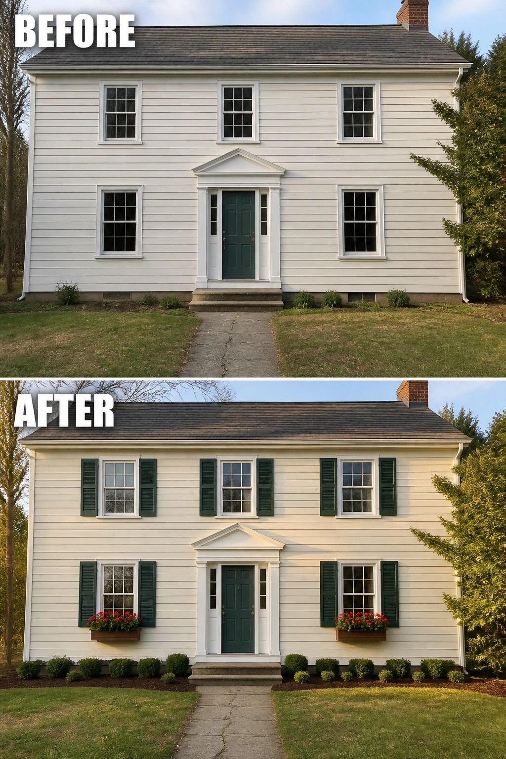 Before-and-after view of white house with added green shutters and flower boxes.