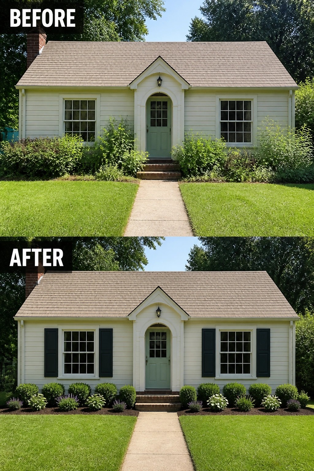 Before and after of pale yellow house with added black shutters and neat landscaping
