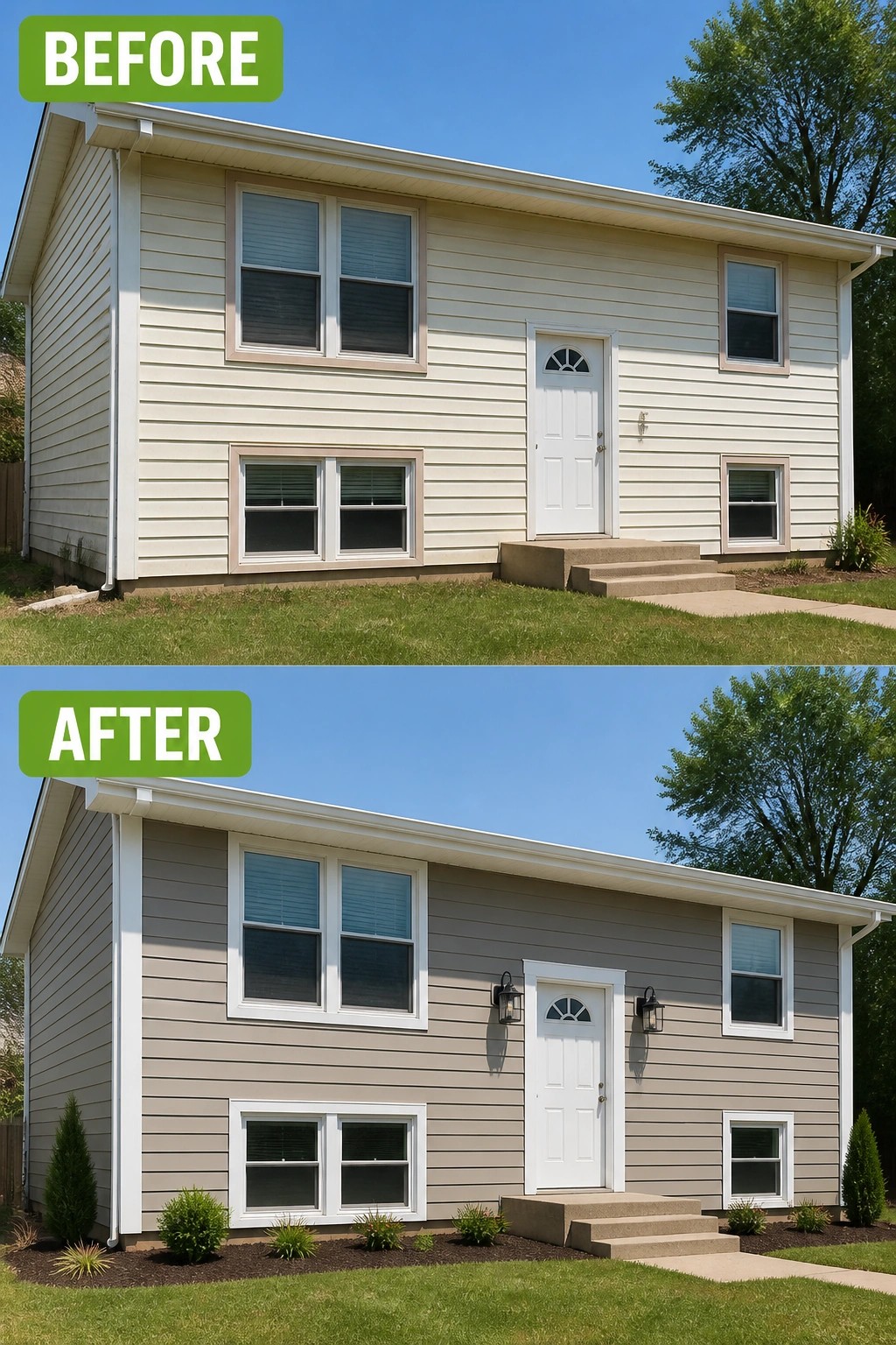 Before-and-after image of a house exterior showing off-white siding changed to a muted gray with black lanterns added beside the front door.