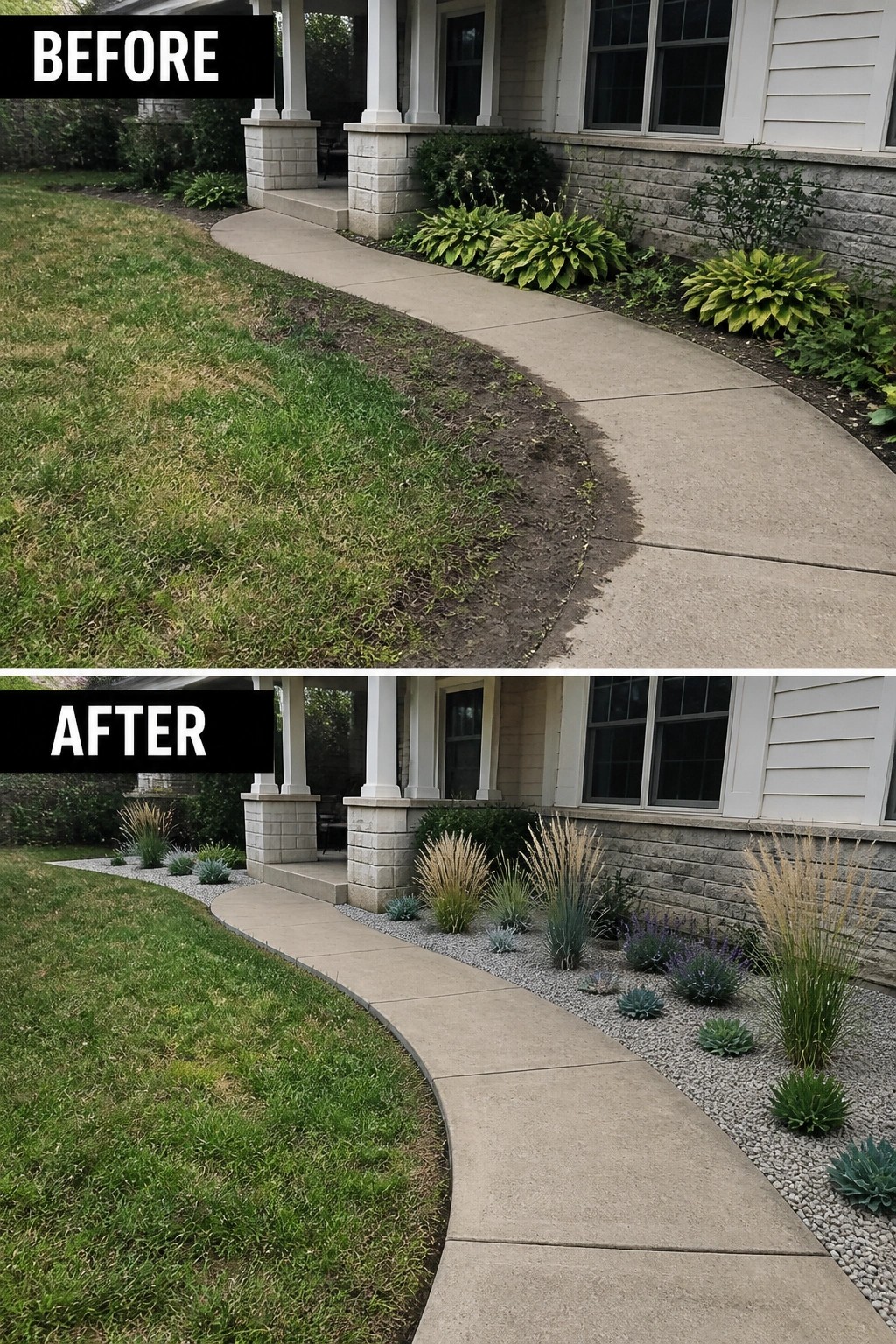 Before-and-after image of a front walkway where an uneven lawn edge was replaced with a neat gravel garden bed and structured plants.