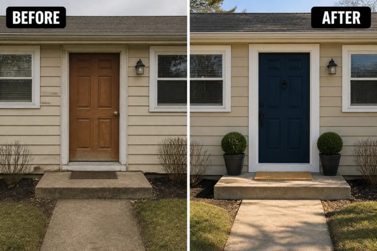 Before-and-after photos of beige house with door painted from brown to blue and new planters.