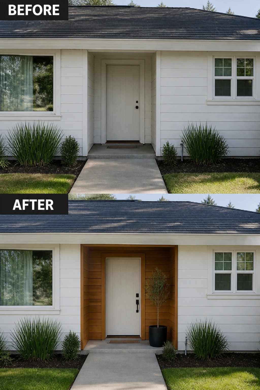 Before and after of white house entrance with added wood trim and potted plant