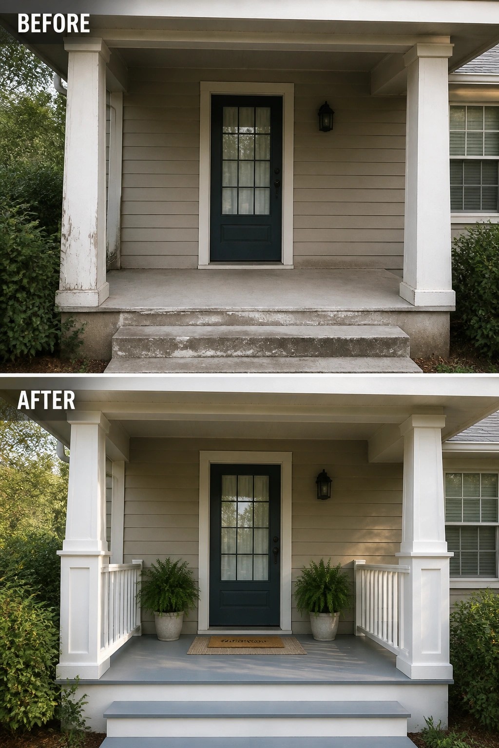 Before and after porch renovation with new white railings, paint, and plants.