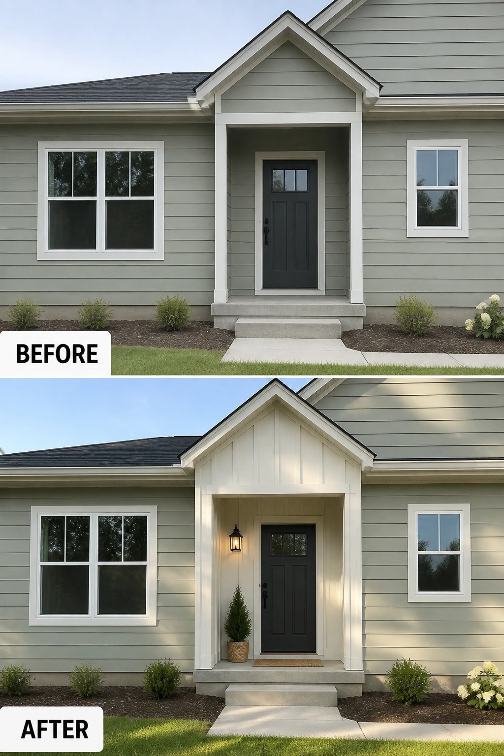 Before-and-after image of a house front entry updated with new vertical trim in the gable, painted trim details, a lantern light, and a potted plant.