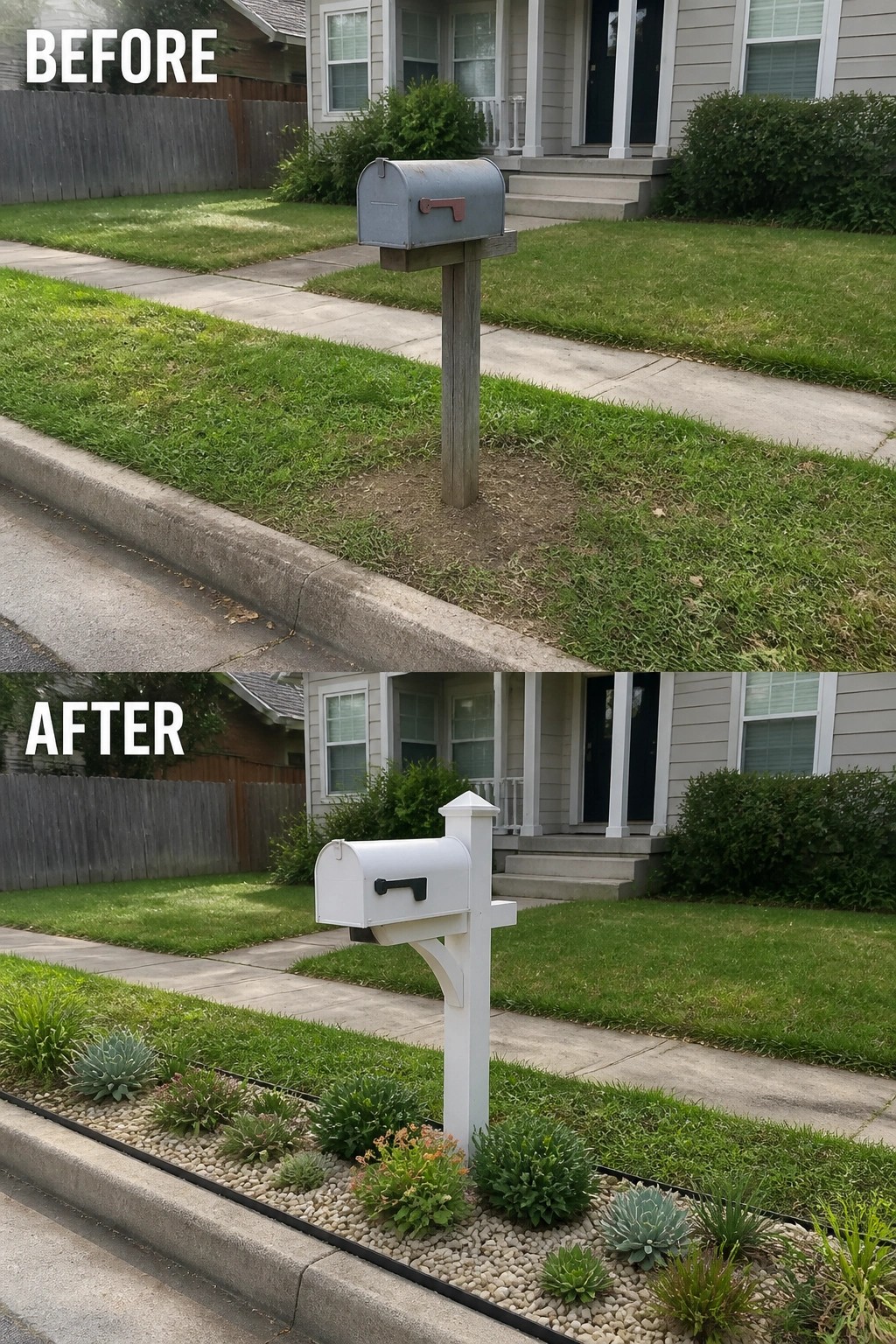 Rusty gray mailbox on wood post before, white mailbox in landscaped pebble garden after.