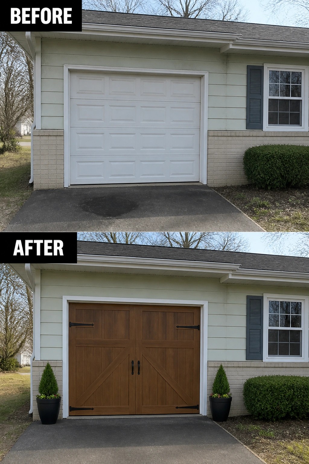 Before and after of house garage door replaced from white to brown wood style.
