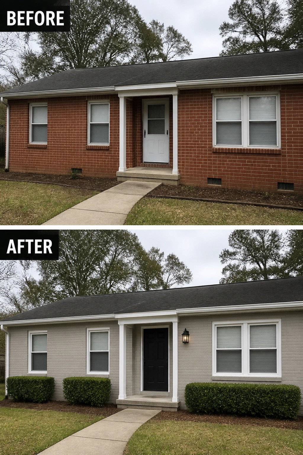 Before and after house exterior painted from red brick to gray siding.