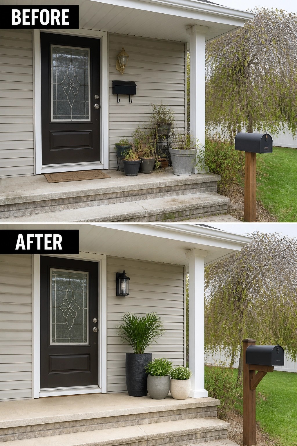 Before-and-after image of a house front porch updated with larger planters, a new light fixture, and a better mailbox mount.