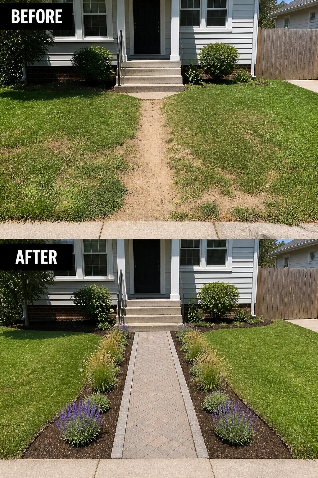 Before and after of front yard with new paved path and purple flower beds