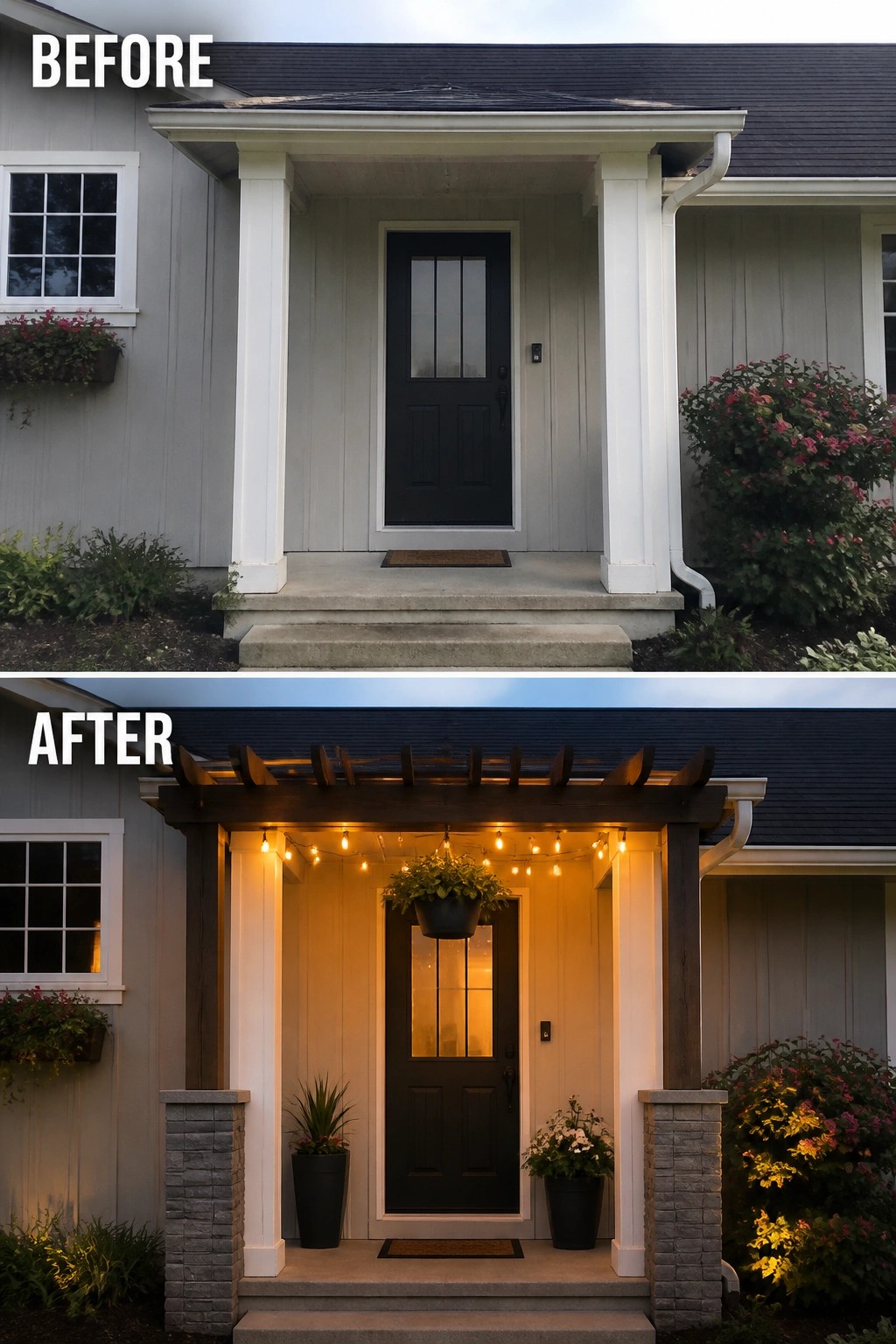 Before-and-after image of a front entry updated with a wooden pergola, string lights, and stone pillar bases.