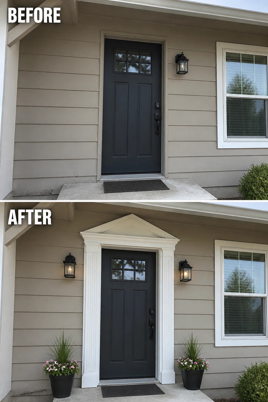 Before and after of black door with added white trim, columns, and planters.