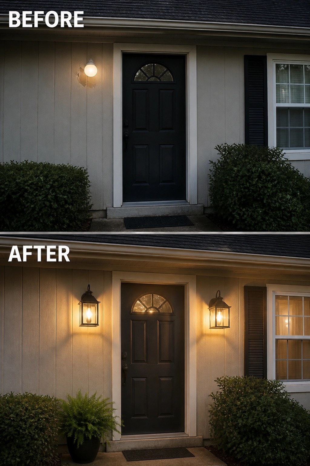 Before-and-after image of a front entry updated with matching wall sconces on either side of the door.
