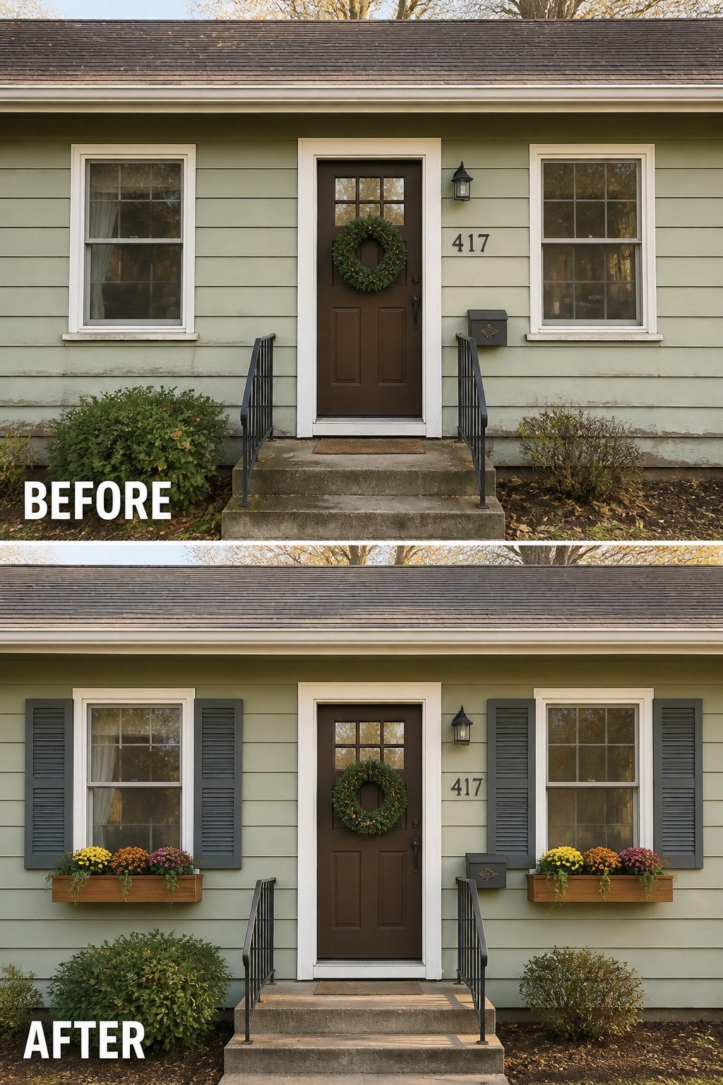 Before-and-after views of green house with added gray shutters and flower boxes.