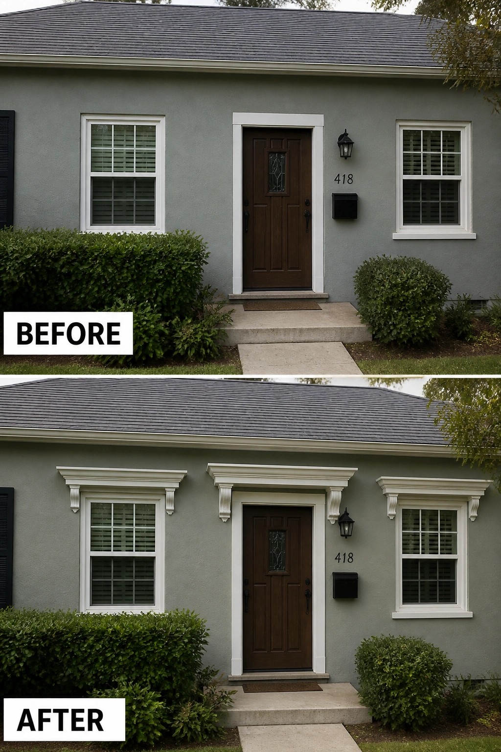 Before and after of gray house with added decorative white window and door trim.