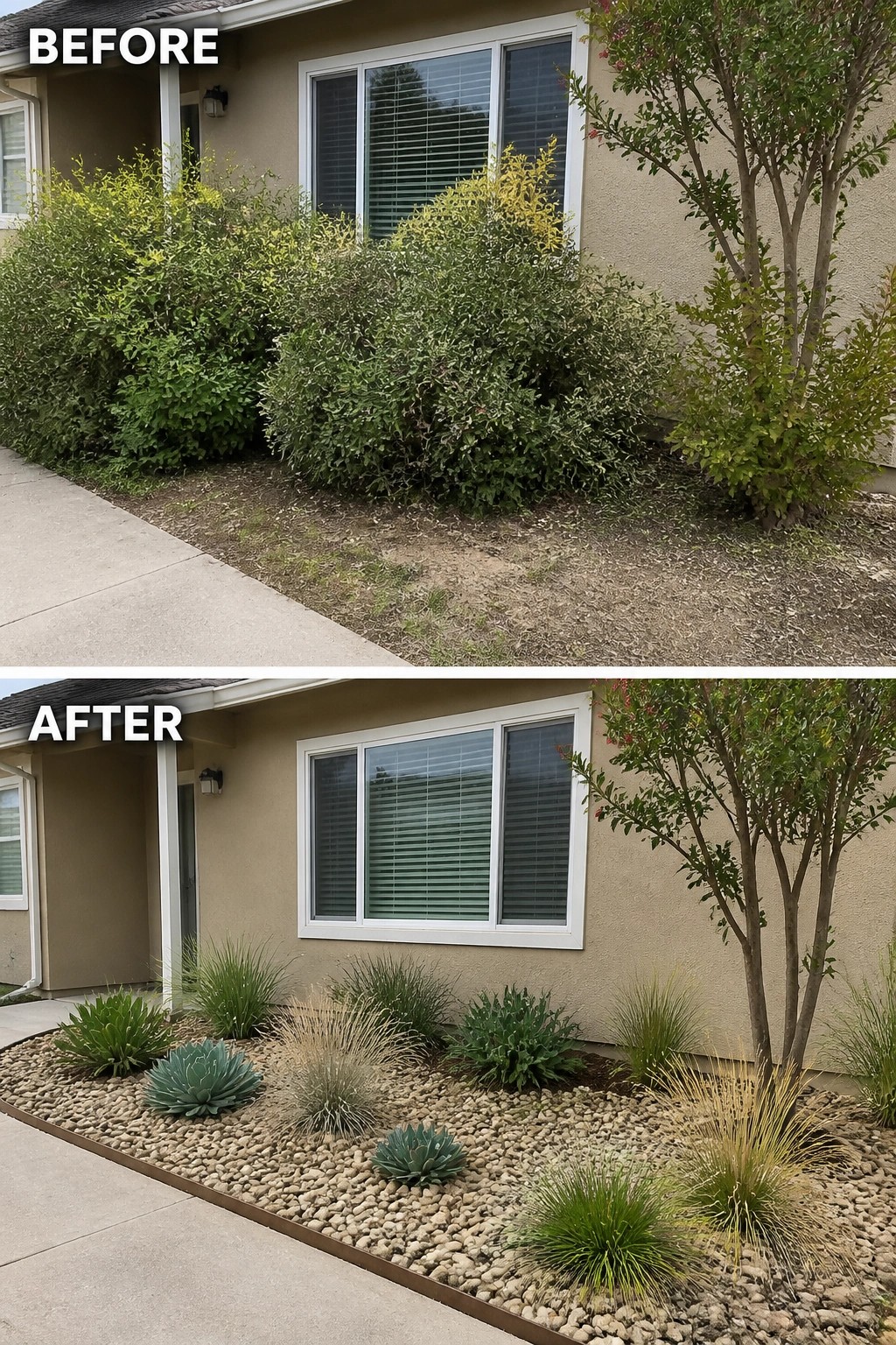 Before and after of overgrown shrubs replaced by gravel bed with succulents and grasses.