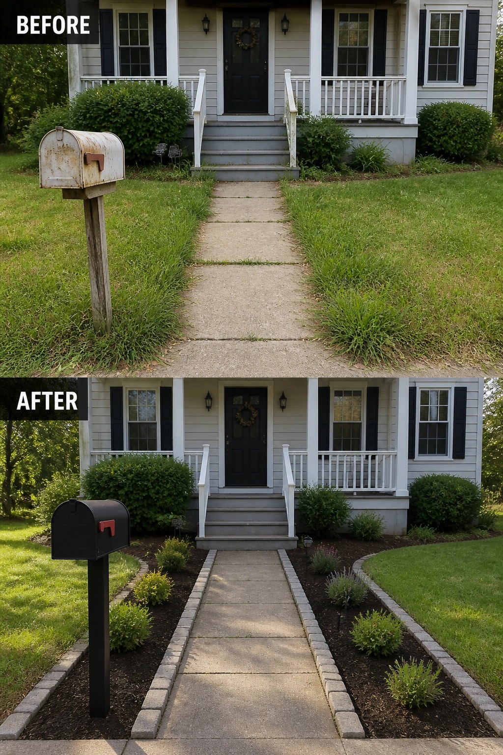 Before and after of house with new landscaping, brick borders, and black mailbox