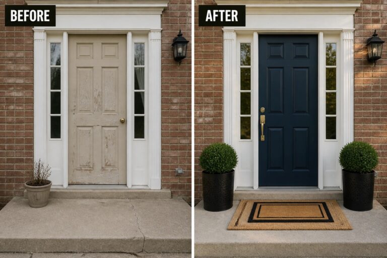 Before-and-after image of a faded beige front door updated to deep navy with added black planters and a doormat.