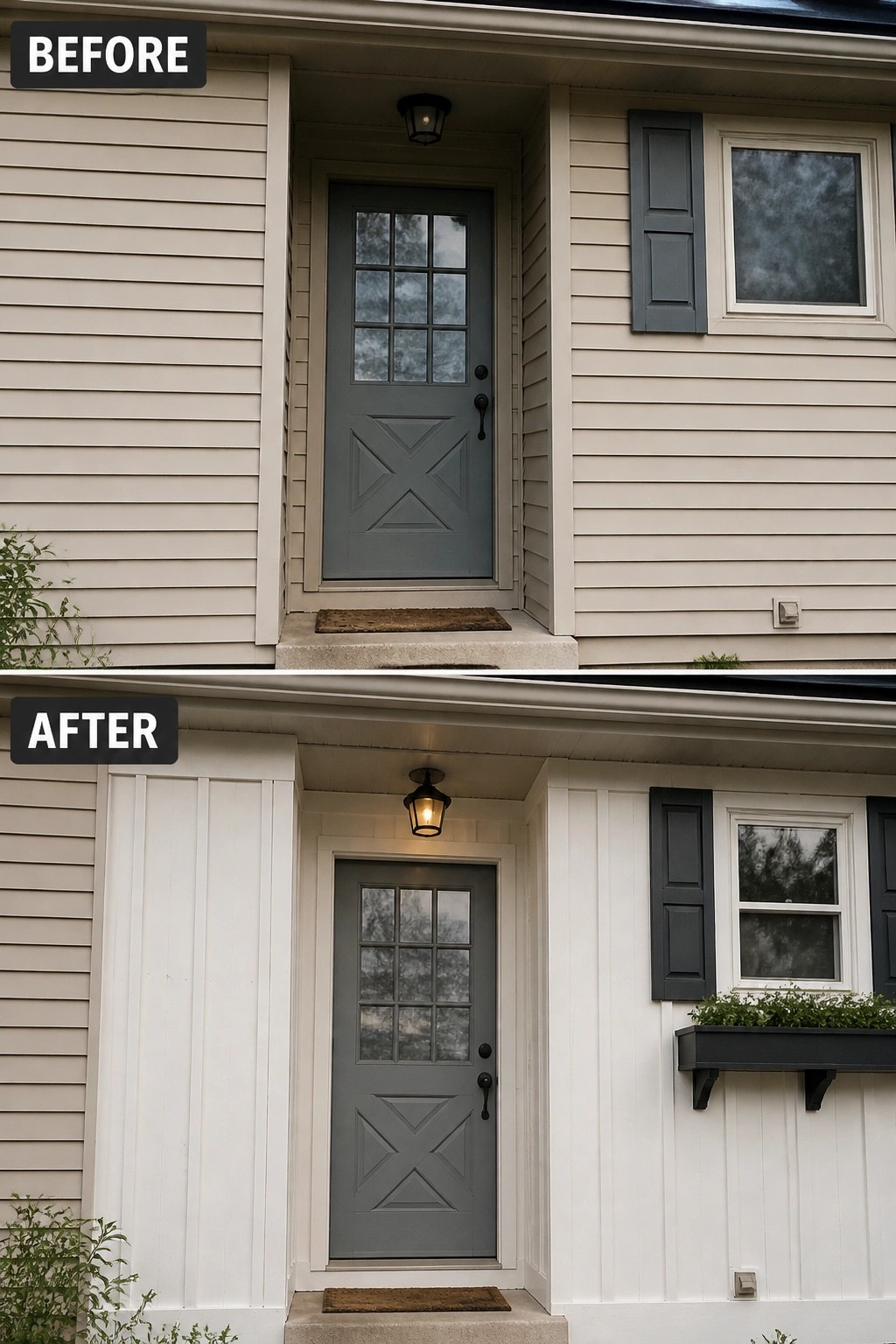 Before-and-after image of a house front entry with horizontal siding changed to vertical white panels around the door and a window box added on the right.