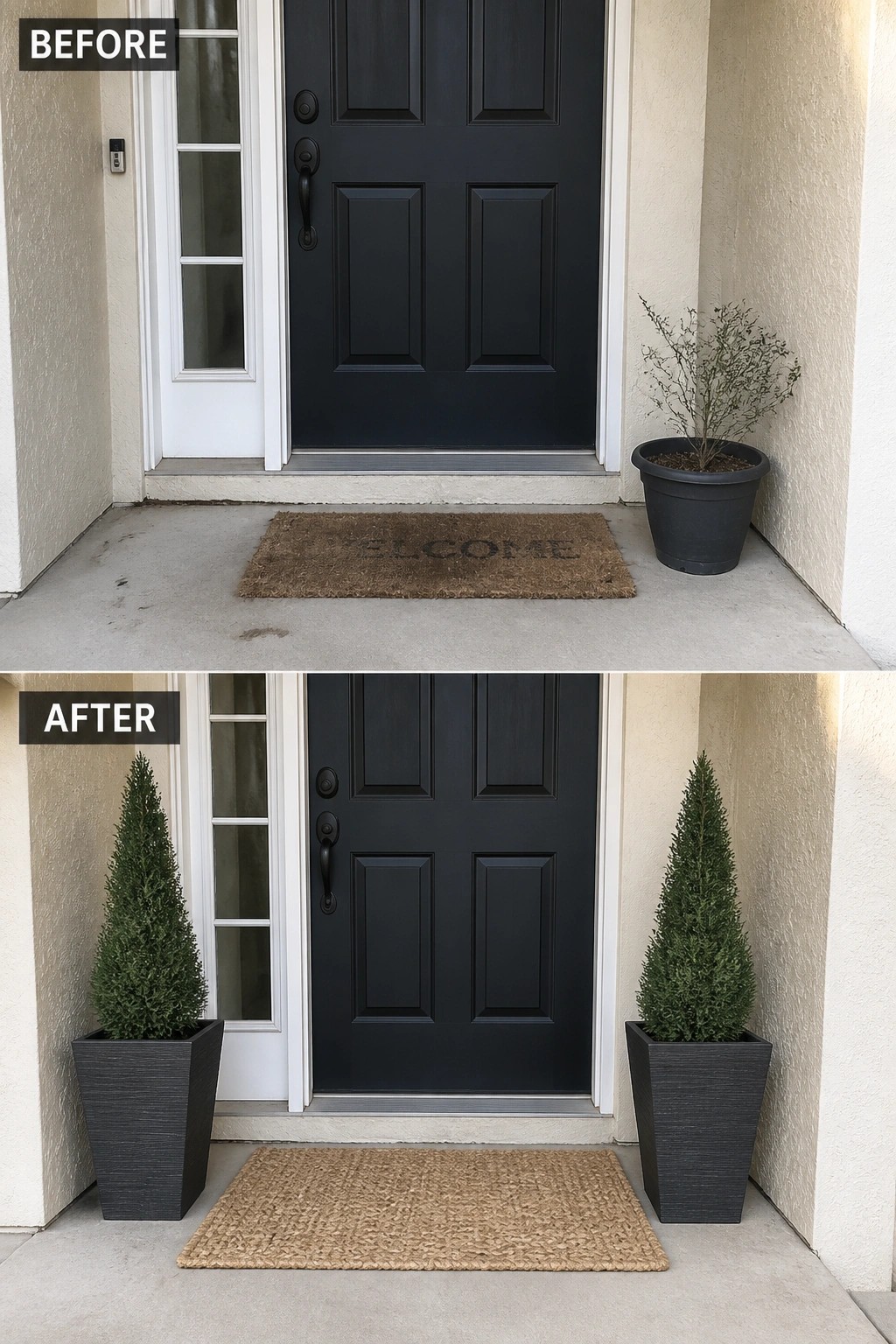 Before-and-after image of a front entry updated with two matching tall planters placed on either side of the door.