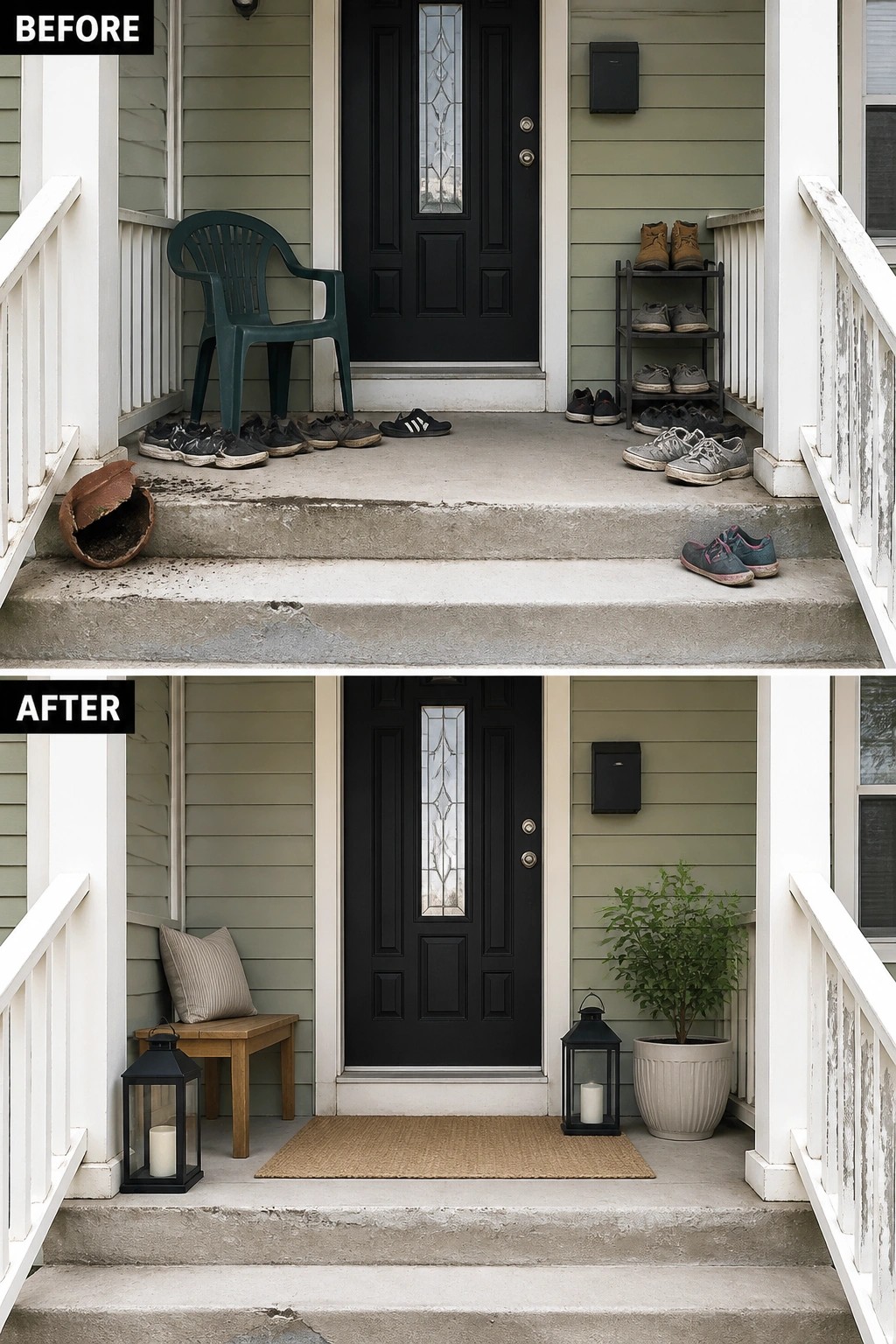 Before-and-after porch: cluttered shoes and chair above, tidy bench and plants below.