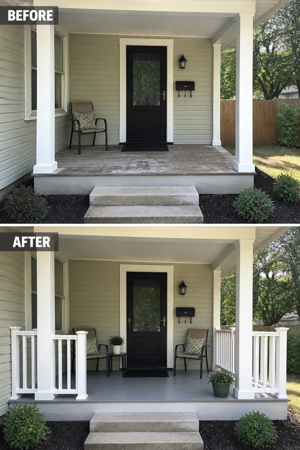 Before and after porch renovation with added white railings and seating.