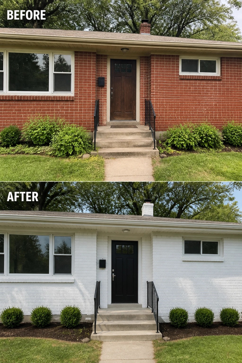 Before-and-after image of a red brick house with a brown door transformed by painting the exterior white and updating the door to black.