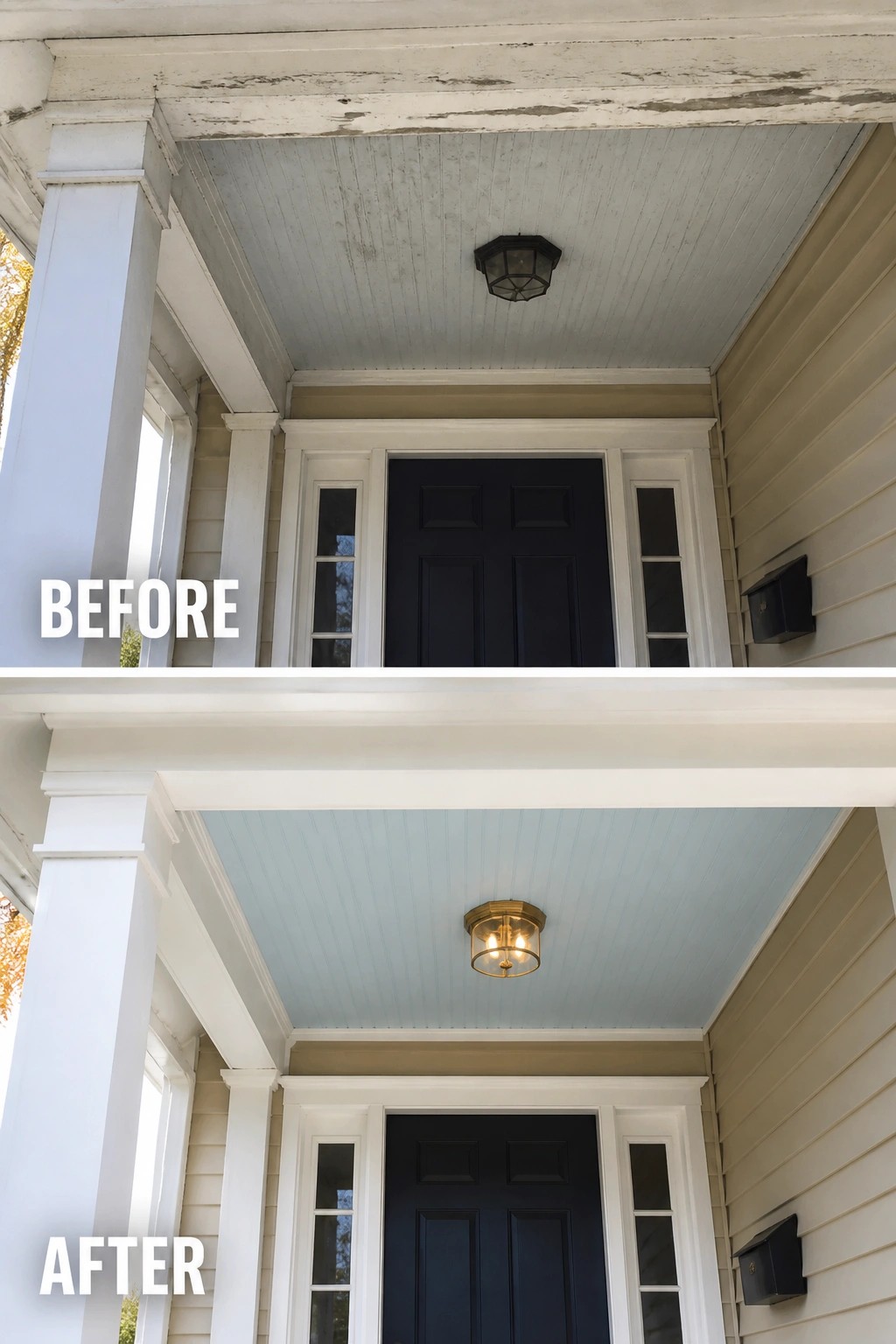 Before and after porch with ceiling painted light blue and new gold light fixture