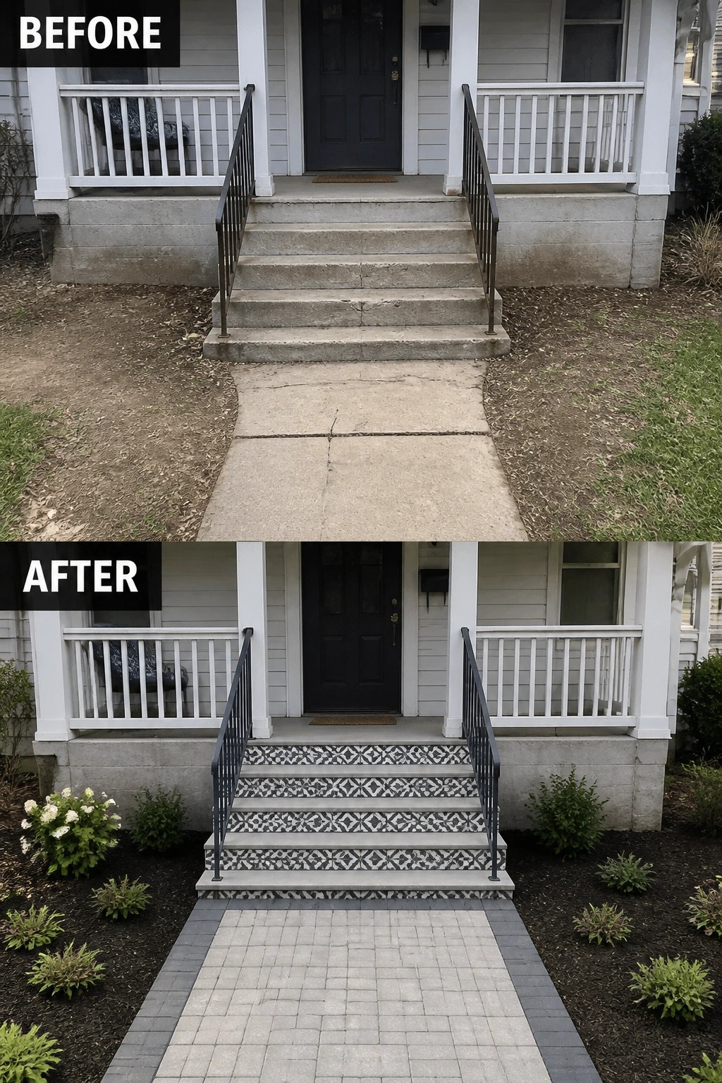Before and after porch steps with geometric tiles, pavers, and landscaping
