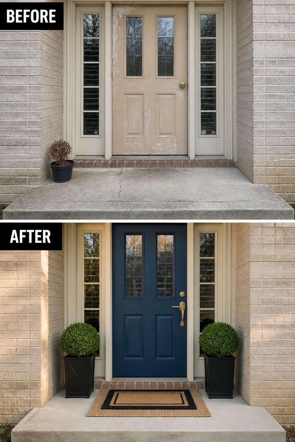 Before-and-after image of a faded beige front door updated to deep navy with added black planters and a doormat.