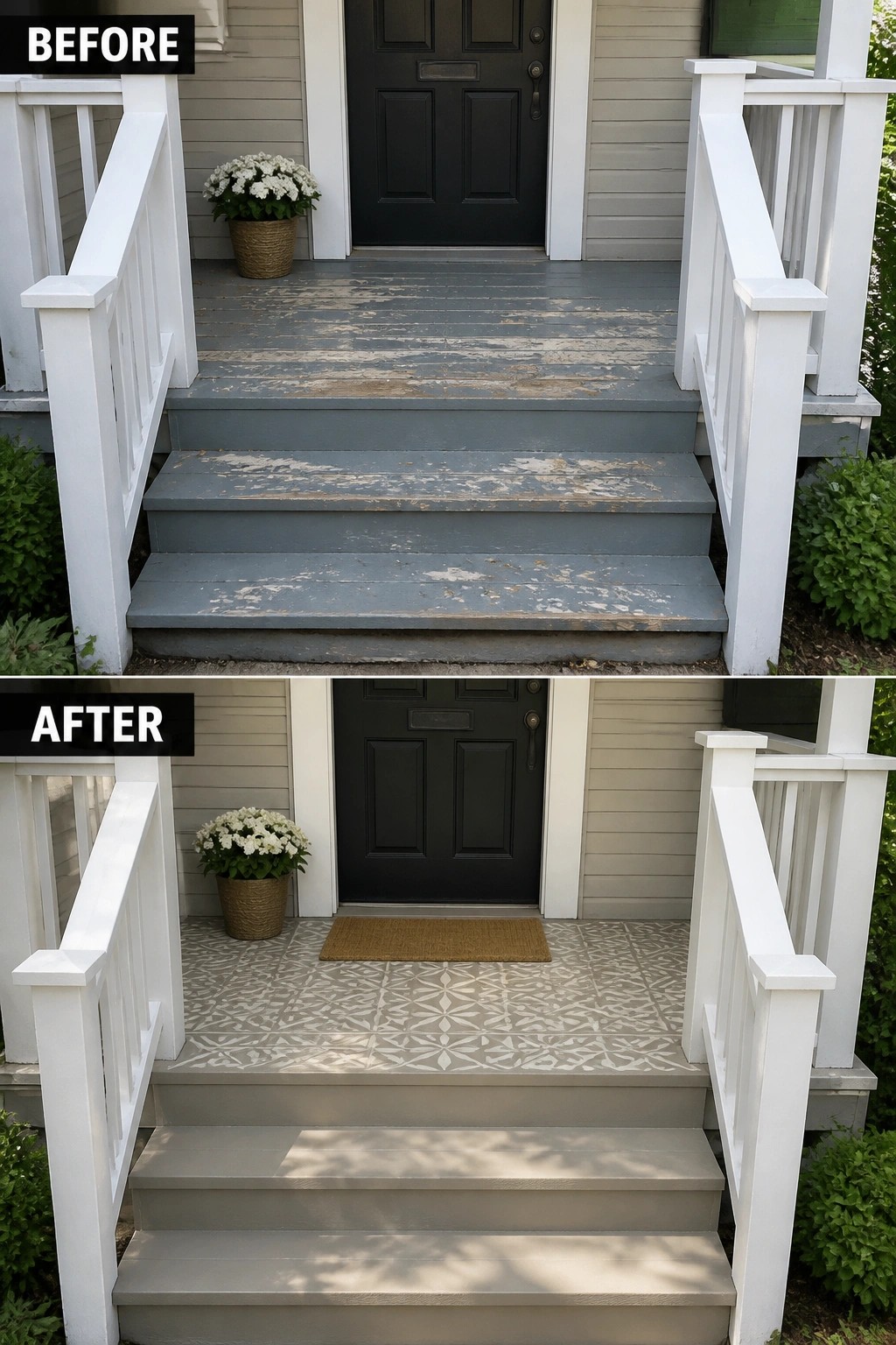 Before and after porch with peeling paint transformed to patterned tiles and fresh stairs.