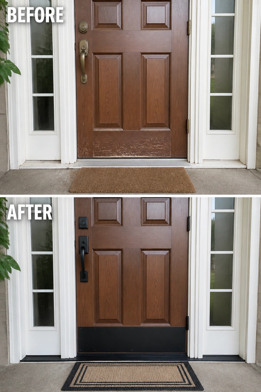 Before-and-after image of a front entry door updated with black hardware, a black kickplate, and a new doormat.