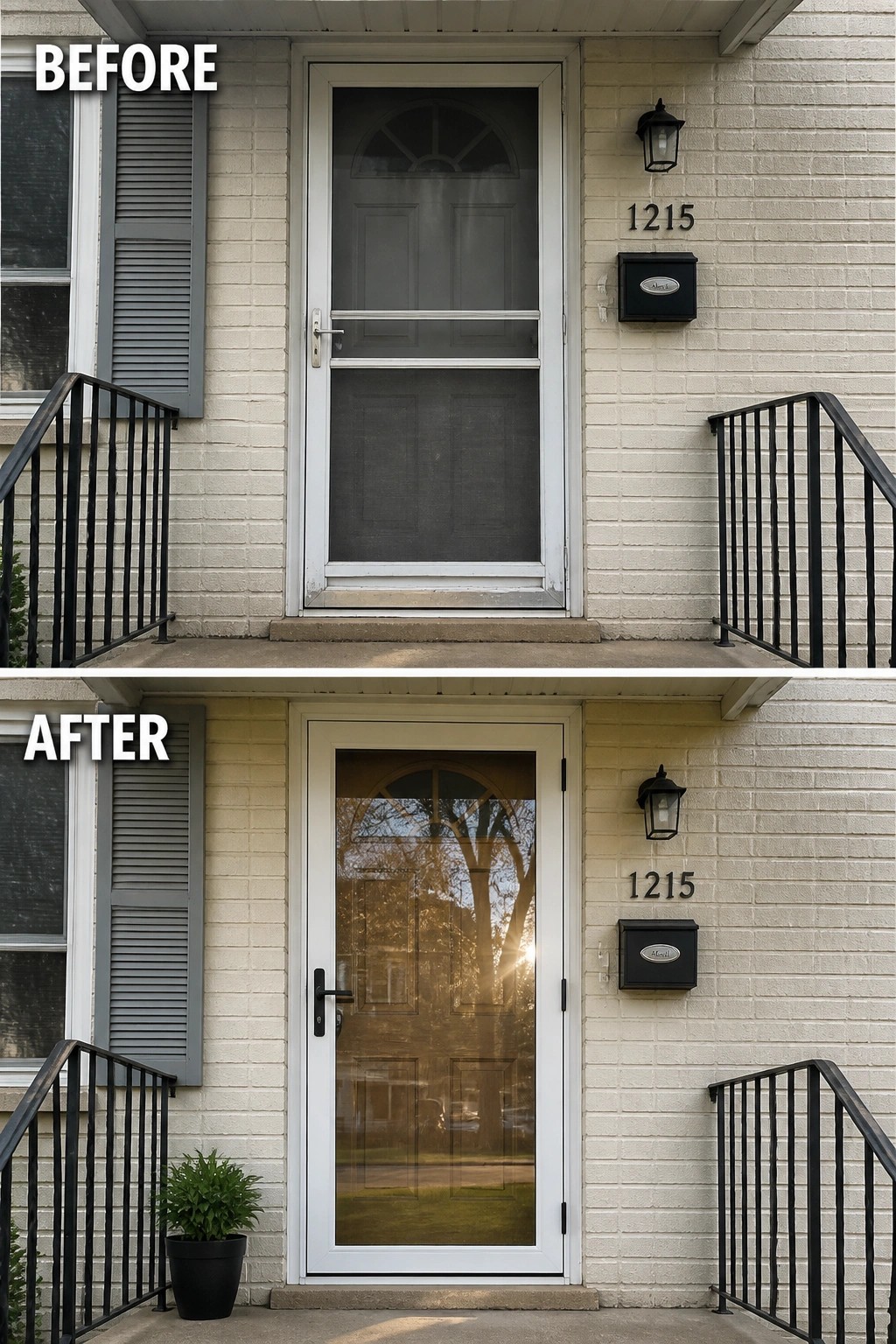 Before-and-after image of a front entry where a screen door is replaced with a full glass storm door and a potted plant is added.