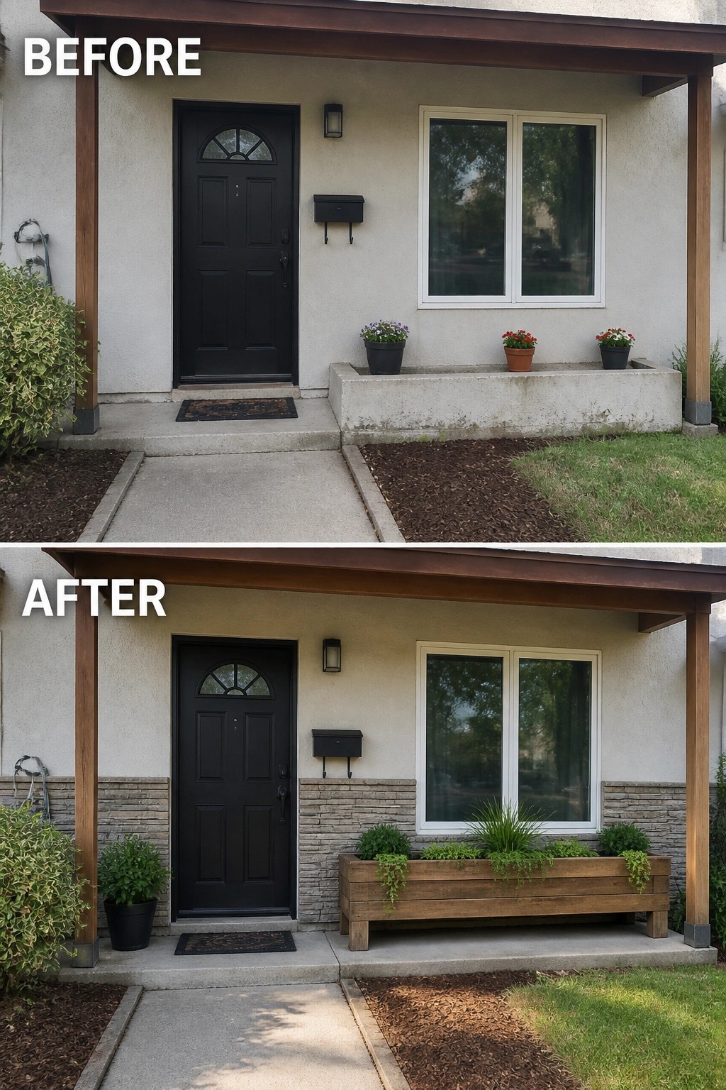 Before and after of house entrance with new stone accents and wooden planter box