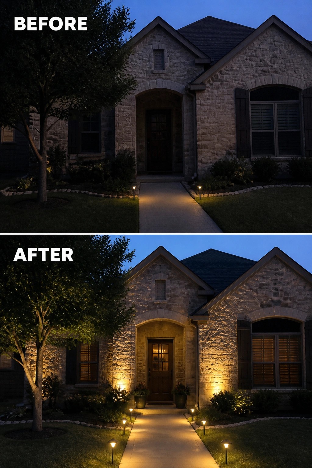 Before-and-after image of a stone house front entry with added wall lighting and extra path lights.
