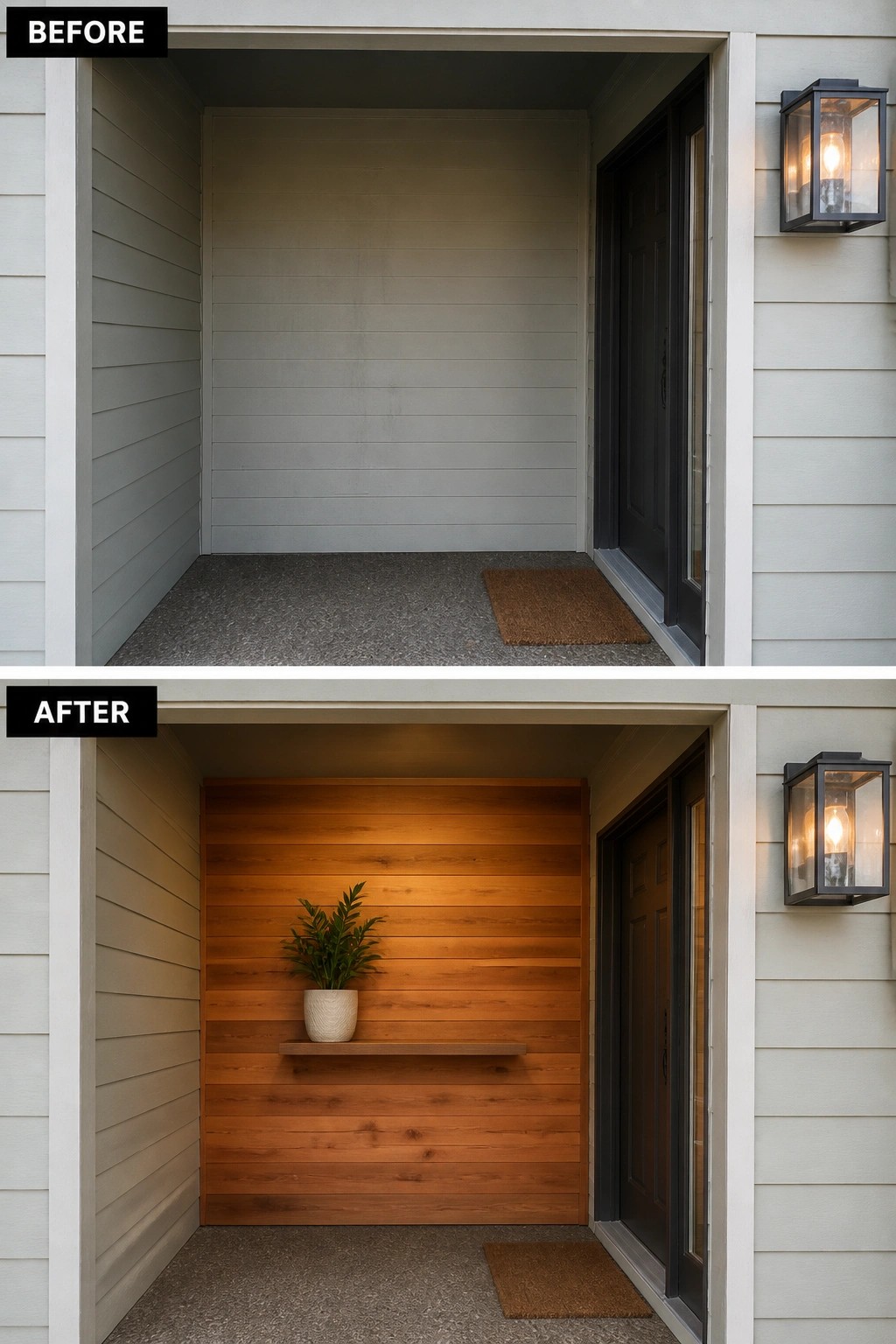 Before-and-after entryway with wood accent wall, shelf, and potted plant.