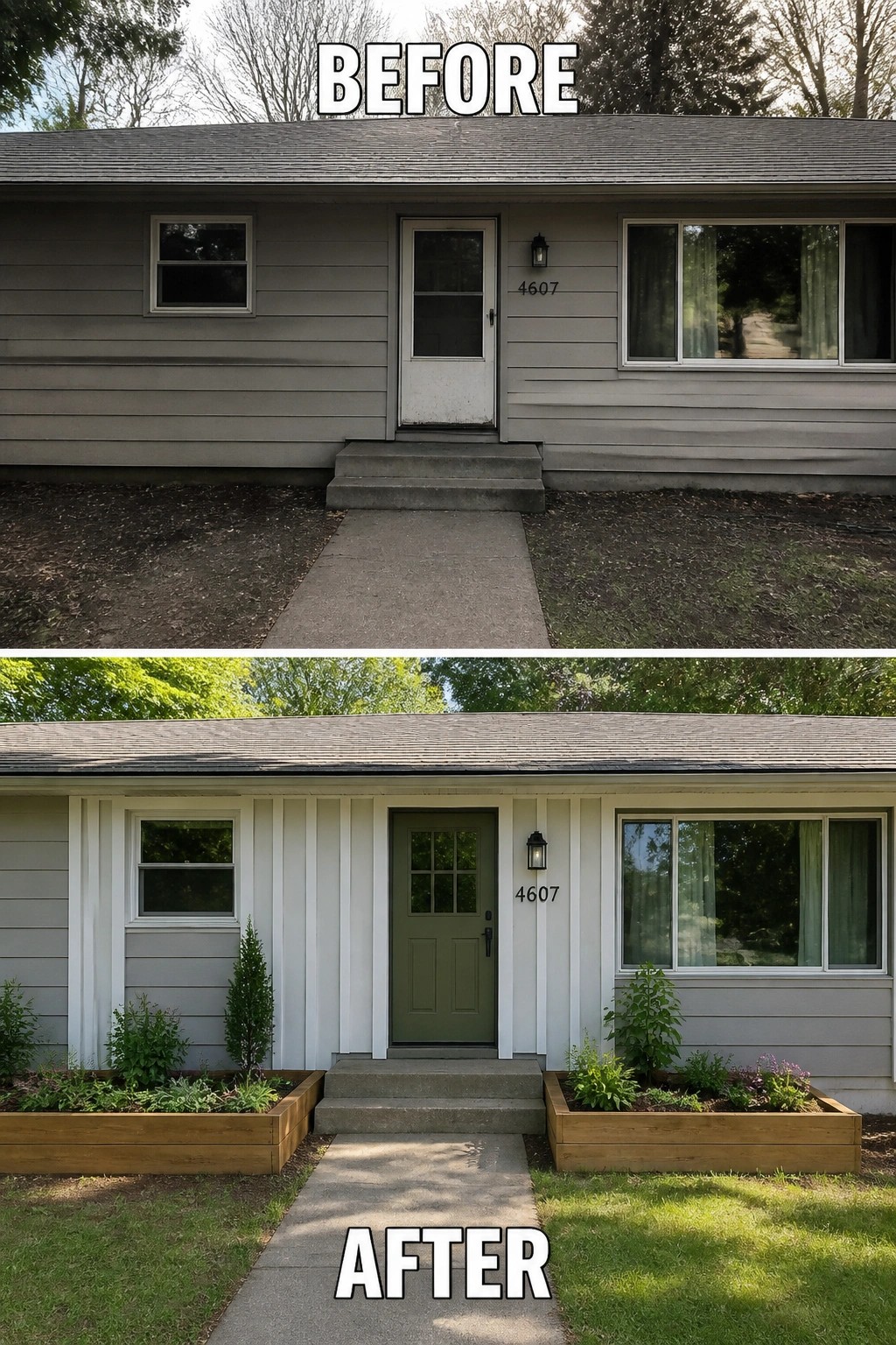 Before and after house exterior with new green door and wooden planters