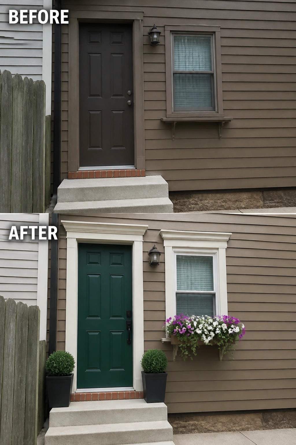 Before-and-after image of a house entry updated with white trim around the door and window, a new green door, and planters on the steps.