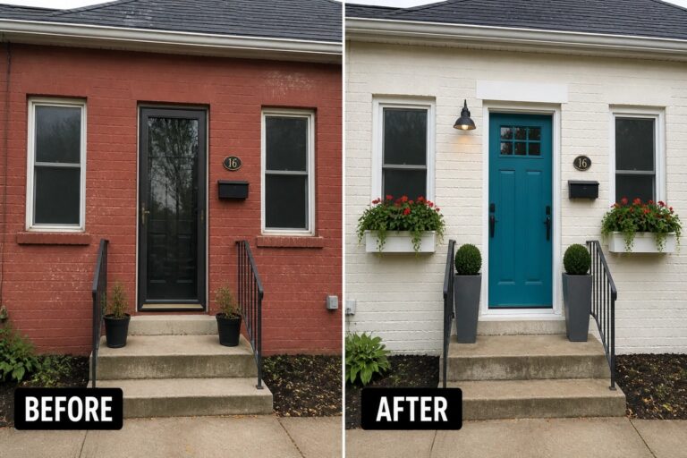 Red brick house exterior before and after painted white with teal door