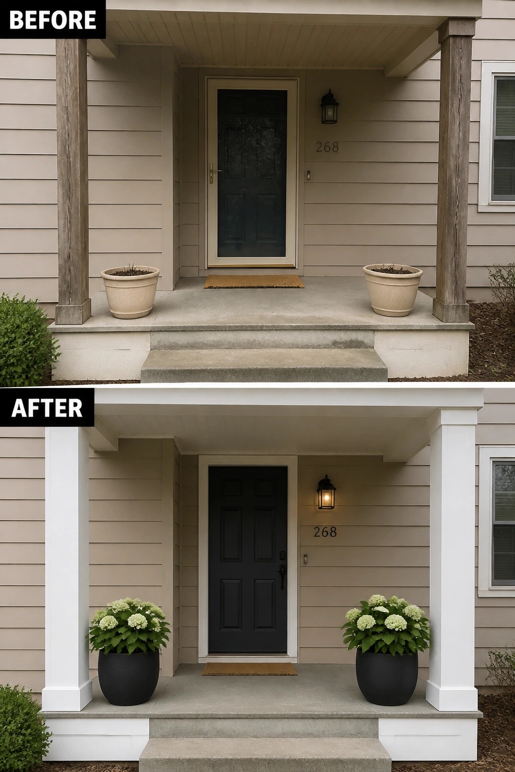 Before and after porch with white posts, black planters, and blooming flowers.