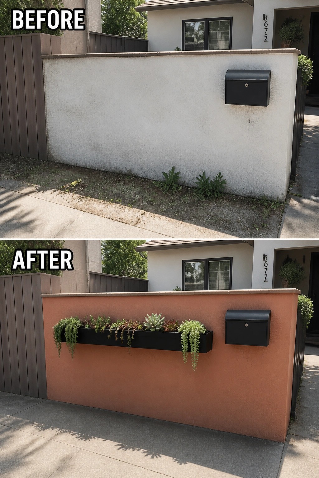 Before-and-after image of a plain white exterior wall painted terracotta with a long black planter box added.