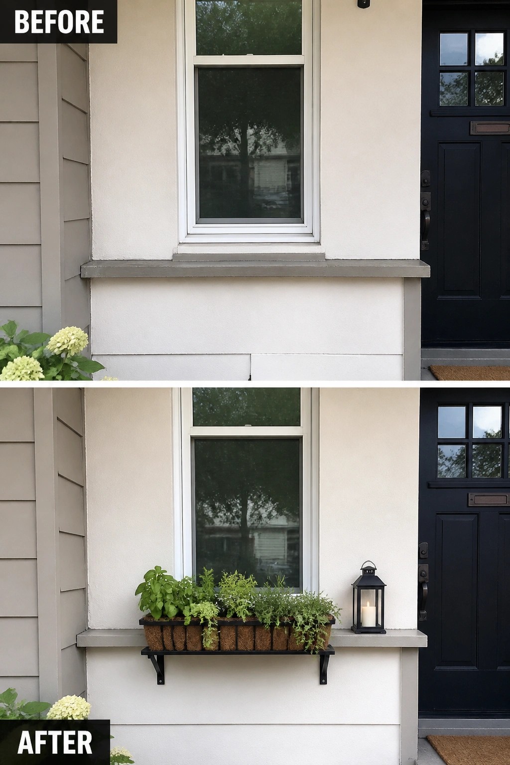 Before-and-after image of a house exterior showing a bare window ledge updated with a mounted planter box and a lantern.
