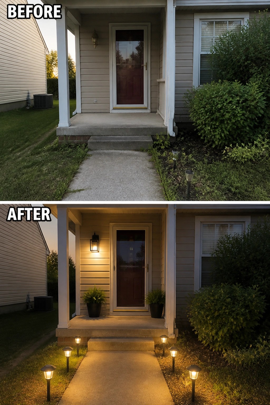 Before and after of front porch with added lighting, plants, and pathway lamps at dusk.