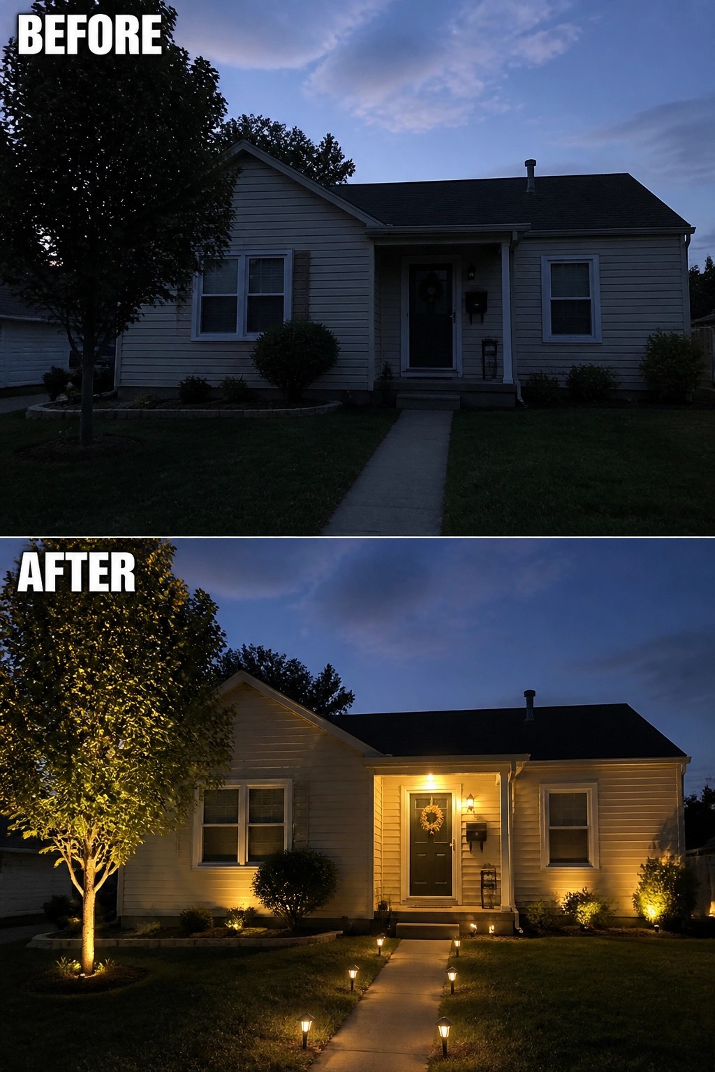 Before and after house with added path, porch, and tree lighting at dusk