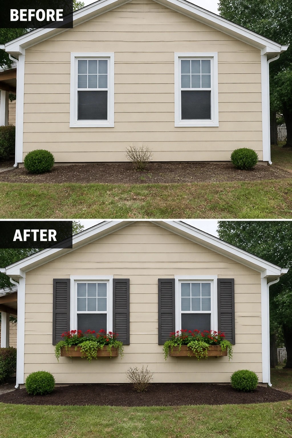 Before and after of beige house with added dark shutters and flower boxes