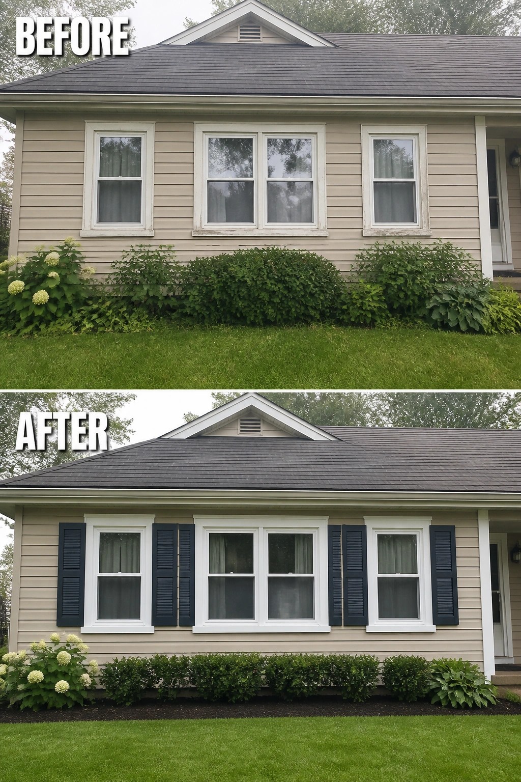 Before-and-after image of a house exterior updated with dark shutters added to the windows and landscaping trimmed into neat beds.
