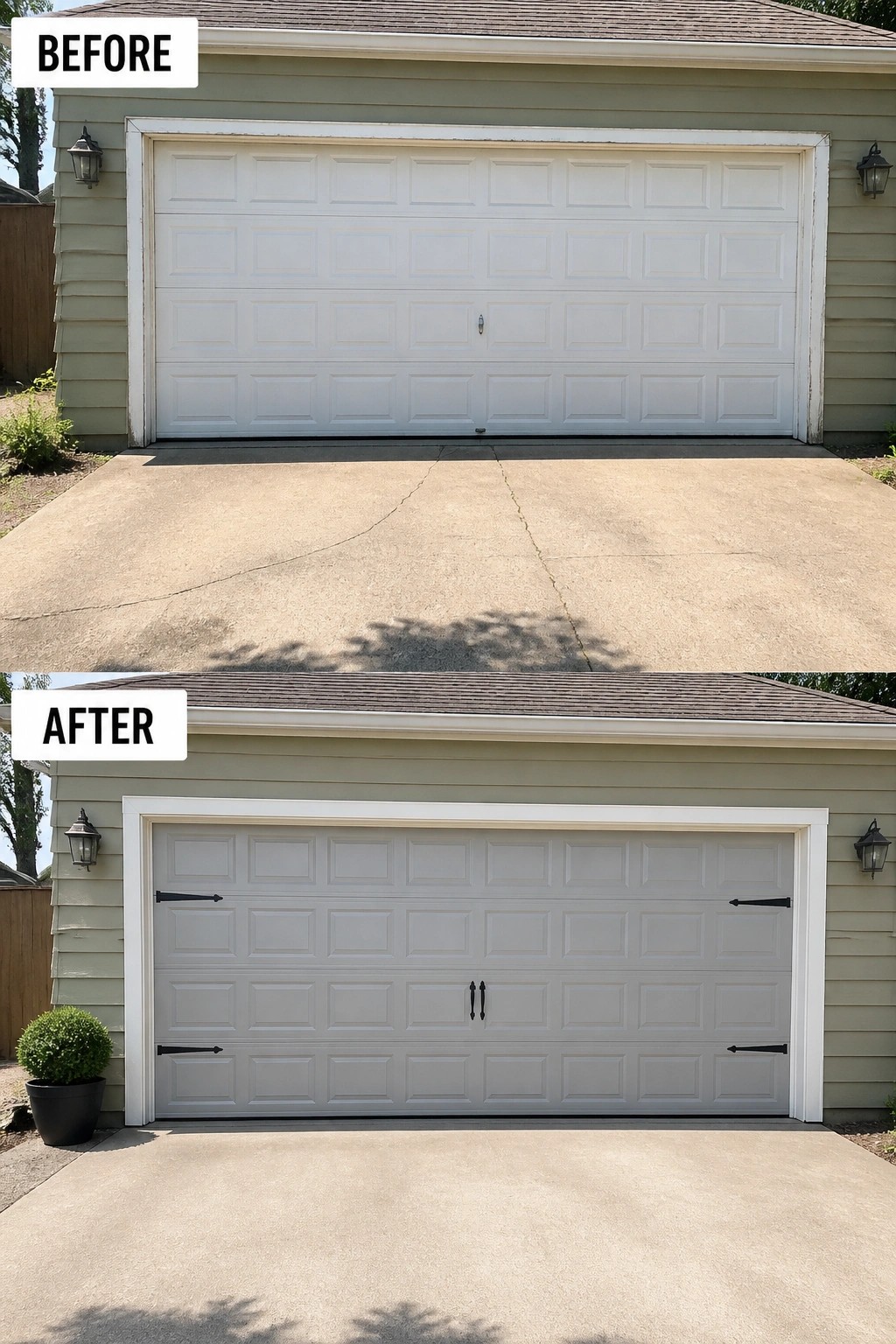 Before and after of white garage door repainted gray with black hardware.