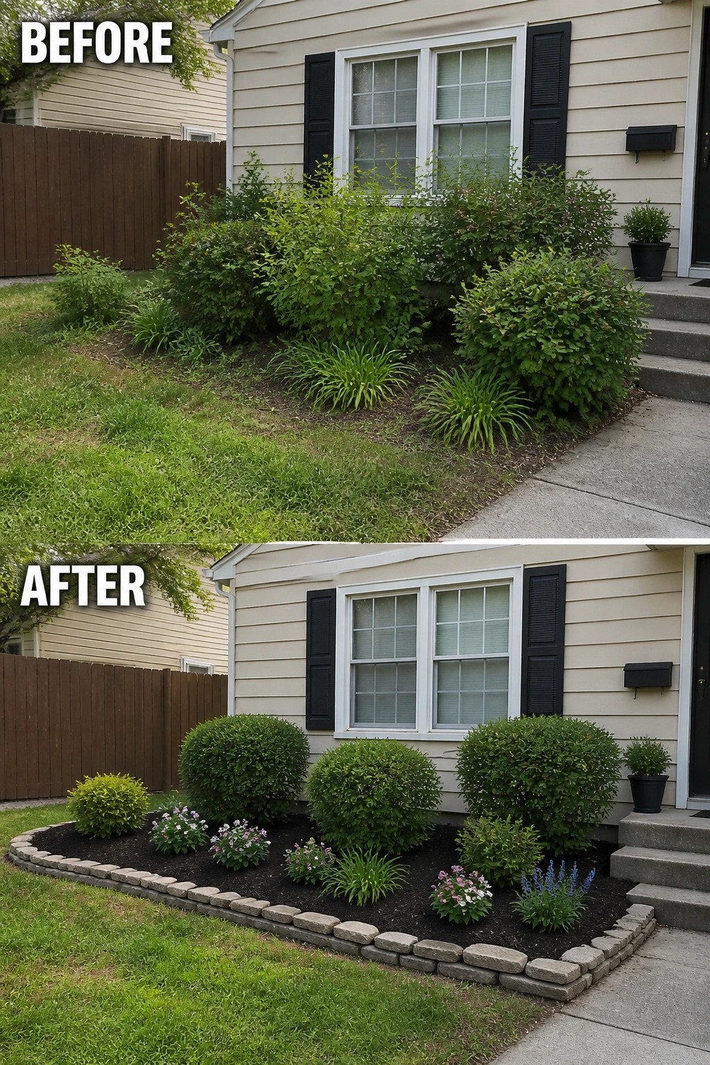 Before-and-after image of an overgrown front yard changed into a landscaped area with defined garden beds, stone edging, and mulch.