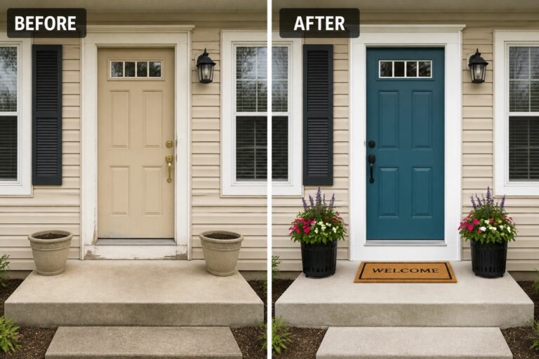 21 Budget Home Exterior Transformation Ideas for Small Changes That Show Up Clearly Before and after of beige door repainted teal with added flower pots and welcome mat.
