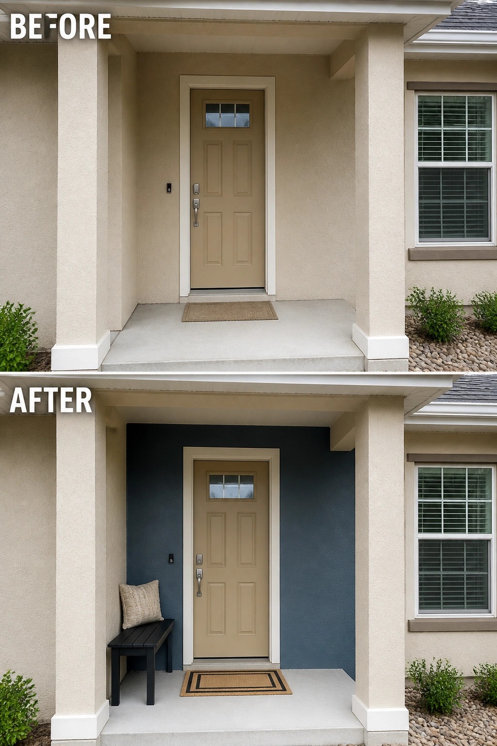 Before-and-after image of a plain front entry updated with dark blue paint on the recessed wall and a bench added beside the door.